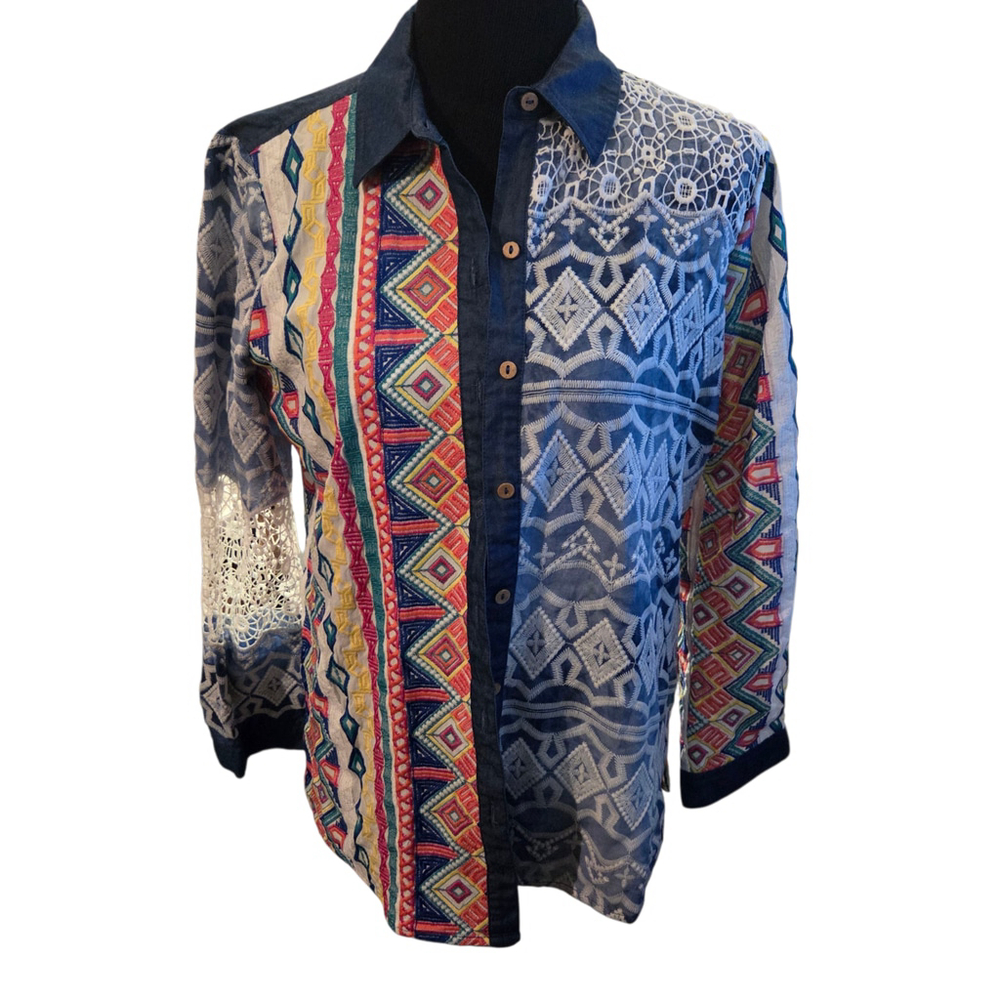 John Mark Embroidered Lace Patchwork Button-Down … - image 2